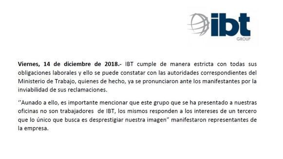 Trabajadores de IBT reclaman pago de salarios pendientes; la empresa se defiende