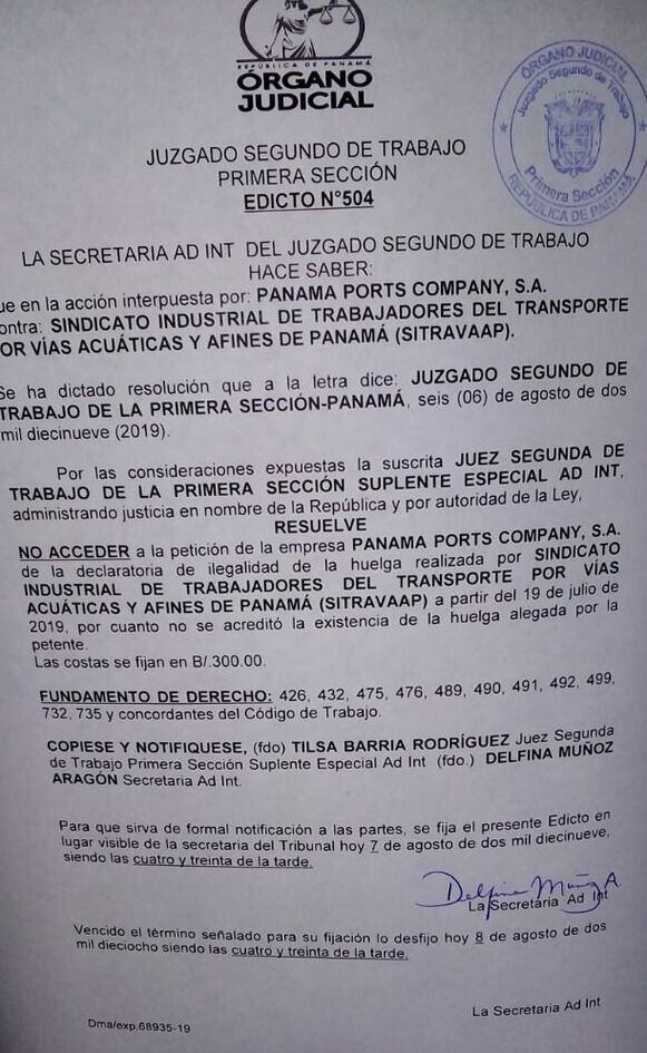 Juzgado no accede a pedido de PPC de declarar 'ilegal' la huelga en el puerto de Balboa