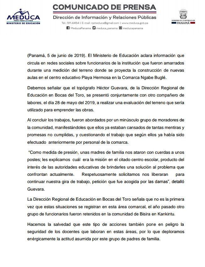 Meduca rechaza retención de funcionarios en la comarca Ngäbe Buglé