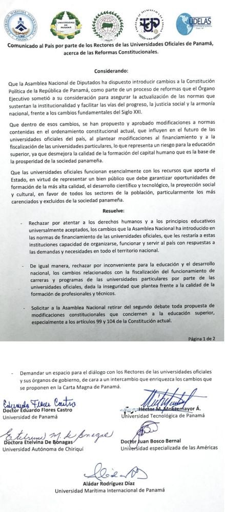 Asamblea se compromete retirar dos artículos que ‘tocan a la Universidad de Panamá’