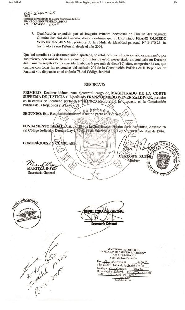 Ministerio de Gobierno certifica que Franz Wever es idóneo para ser magistrado