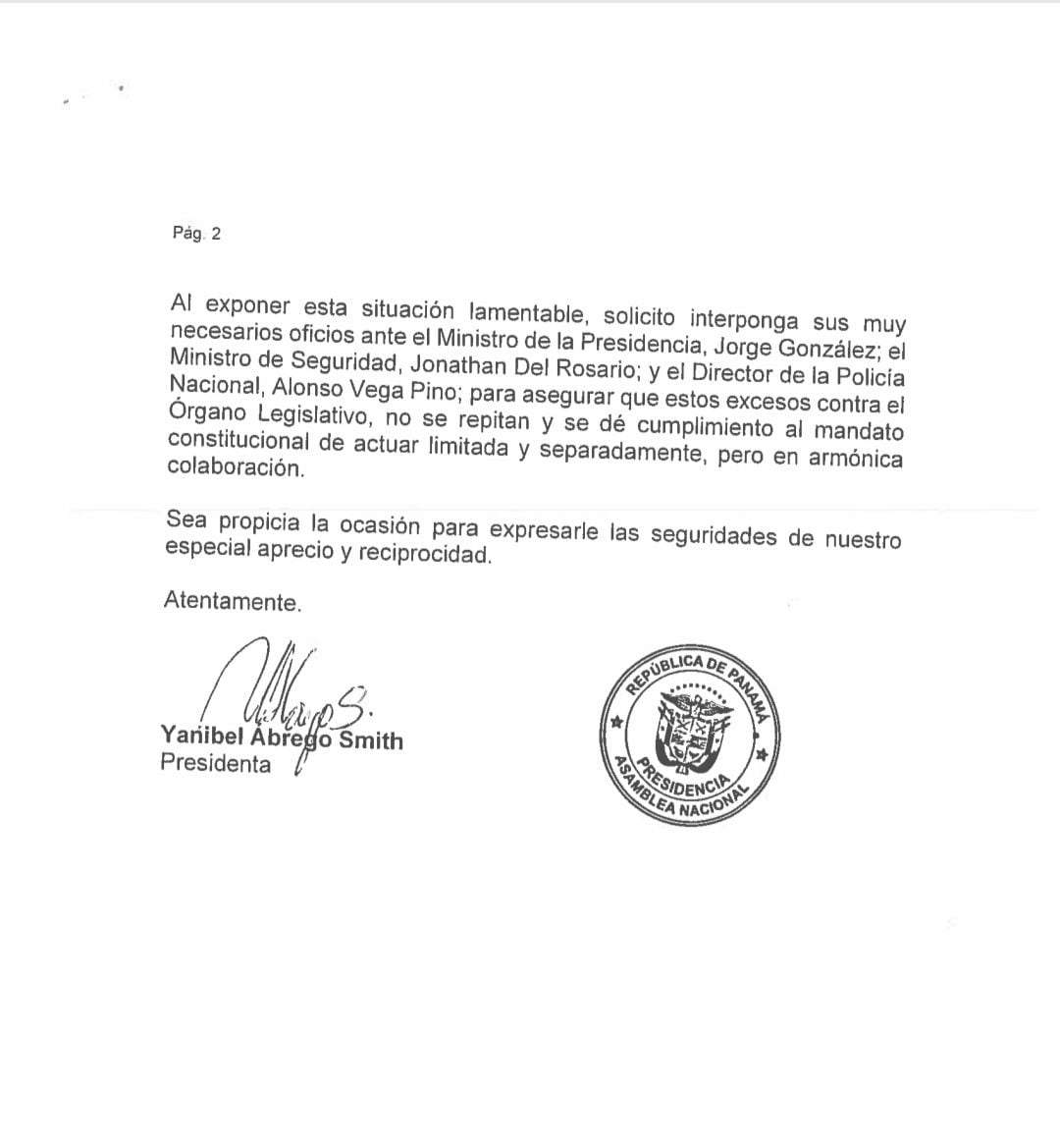 Presidenta de la Asamblea envía carta de protesta a Varela por ingreso de SPI al Palacio Legislativo