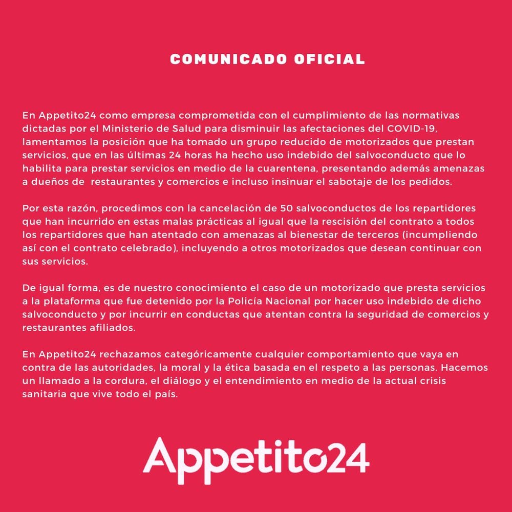 Appetito24 reporta una disminución de 40% en sus pedidos, y suspende los salvoconductos de 50 motorizados que protestaron