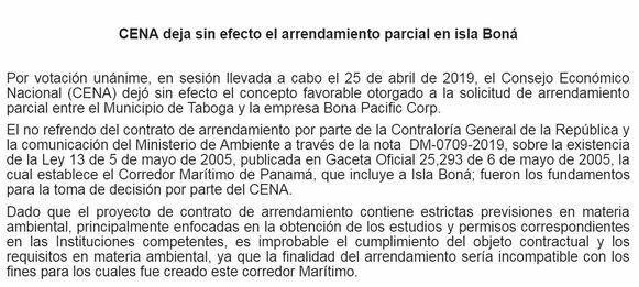 CENA deja sin efecto el arrendamiento parcial en isla Boná