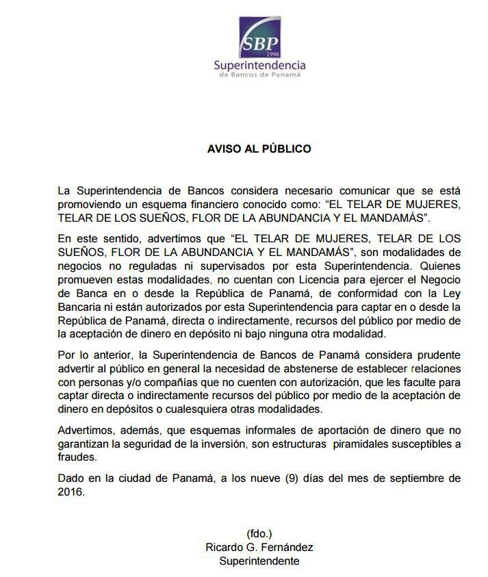 Alerta de la Superintendencia de Bancos de Panamá: 'Absténganse de contactar a personas o compañías de El Telar de los Sueños y la Flor de la Abundancia'
