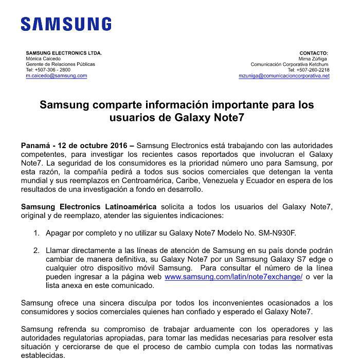 Samsung Panamá pide a todos los comerciantes del país abstenerse de vender el Galaxy Note 7