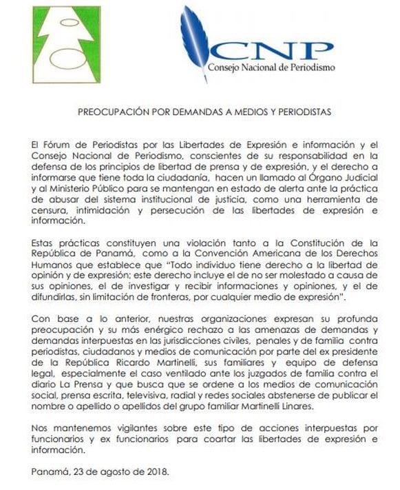 El CNP y el Fórum de Periodistas rechazan amenazas y demandas de la familia y abogados de Martinelli