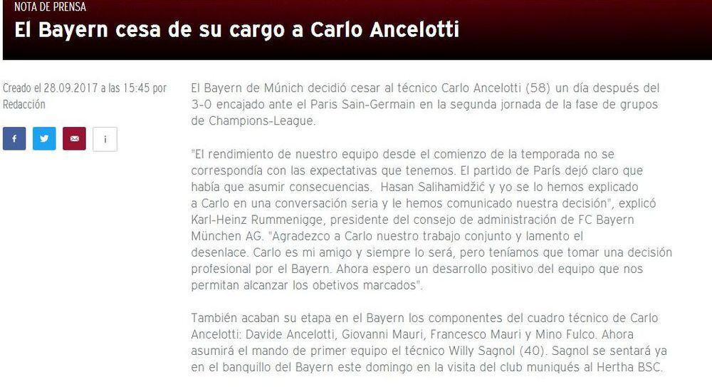 Bayern Múnich despide al técnico Carlo Ancelotti