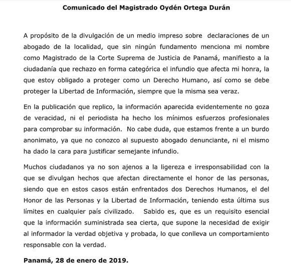 Magistrado Oydén Ortega sobre revelaciones de Janio Lescure: yo no conozco al supuesto abogado denunciante
