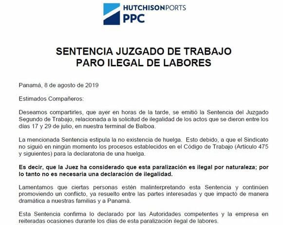 Juzgado no accede a pedido de PPC de declarar 'ilegal' la huelga en el puerto de Balboa