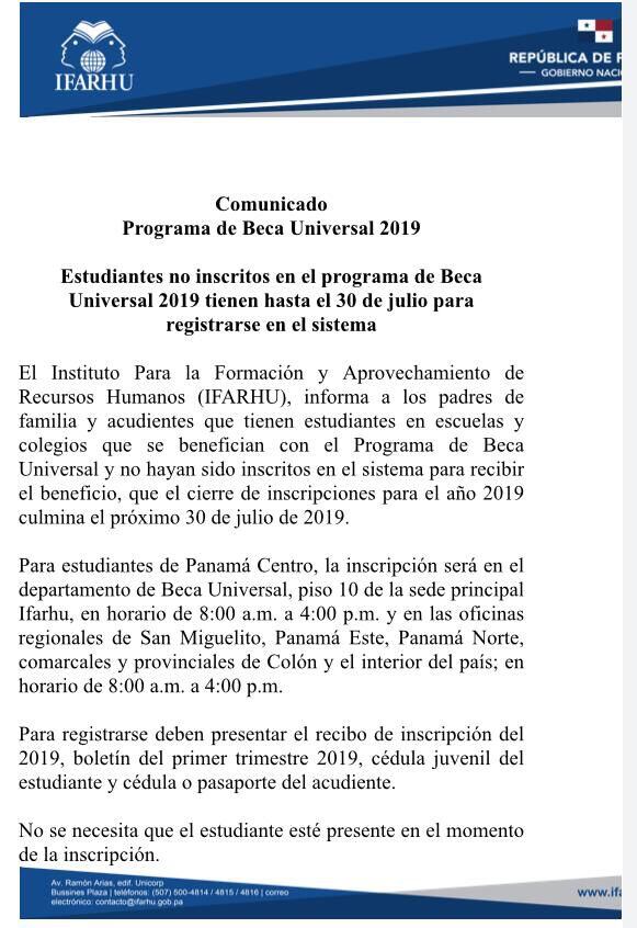 El Ifarhu anuncia cierre de inscripciones para el programa de la Beca Universal