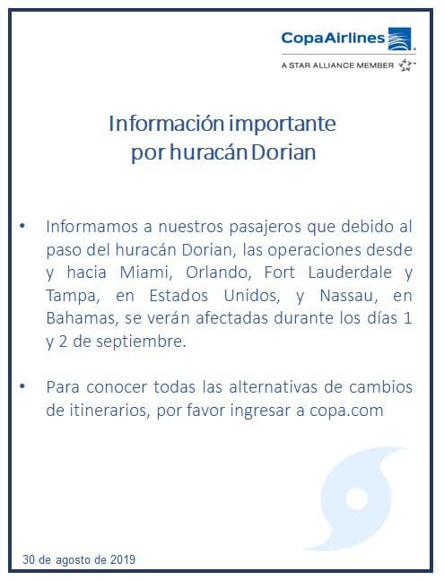Vuelos de Copa hacia Florida se verán afectados este 1 y 2 de septiembre por el huracán Dorian