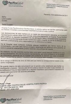 El hospital Punta Pacífica le pide a Luis Cucalón que se traslade a otro centro médico