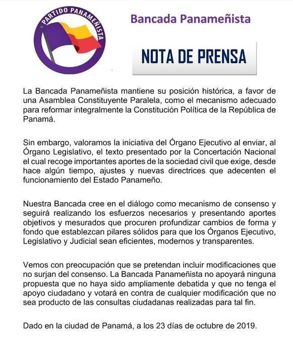 Bancada Panameñista rechaza aprobación de reformas que no hayan sido ampliamente debatidas
